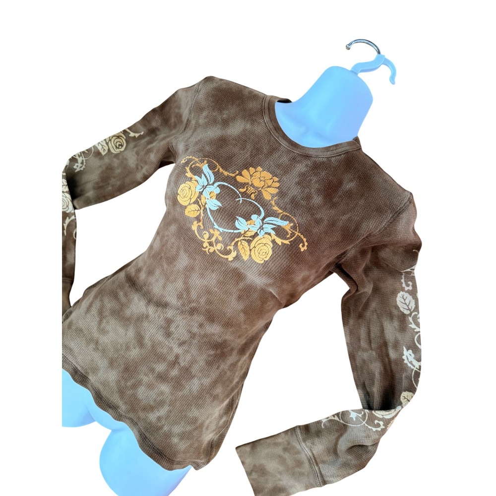 Y2K 2000s style Brown Acid Wash Waffle Knit Graphic Long Sleeve Top